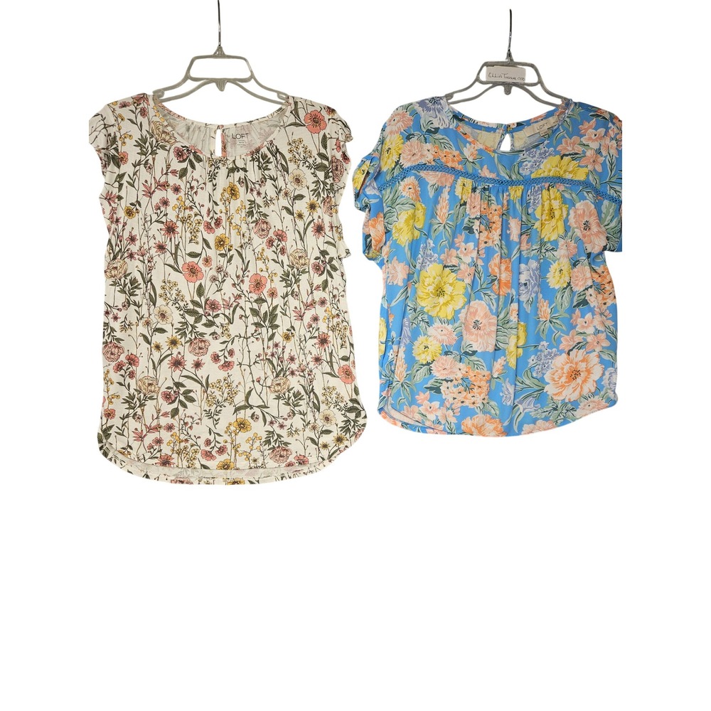 LOFT Floral Blouse Bundle Lot of 2 Blue Cream Short Sleeve Tops Womens MP